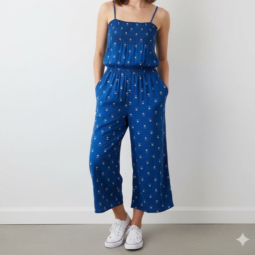 Old Navy Royal Blue Floral Smocked Jumpsuit